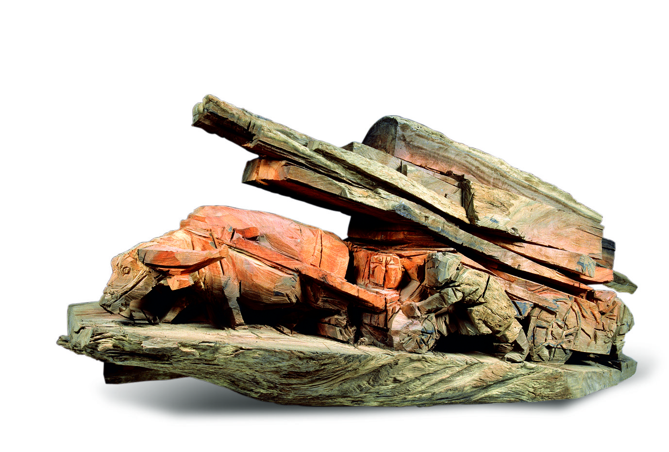 朱銘早期的作品「同心協 力」，被評為當時臺灣鄉土文化運動的代表之作。 圖為 1996 年朱銘根據原作重新雕刻的同名作品，朱銘美術館藏。