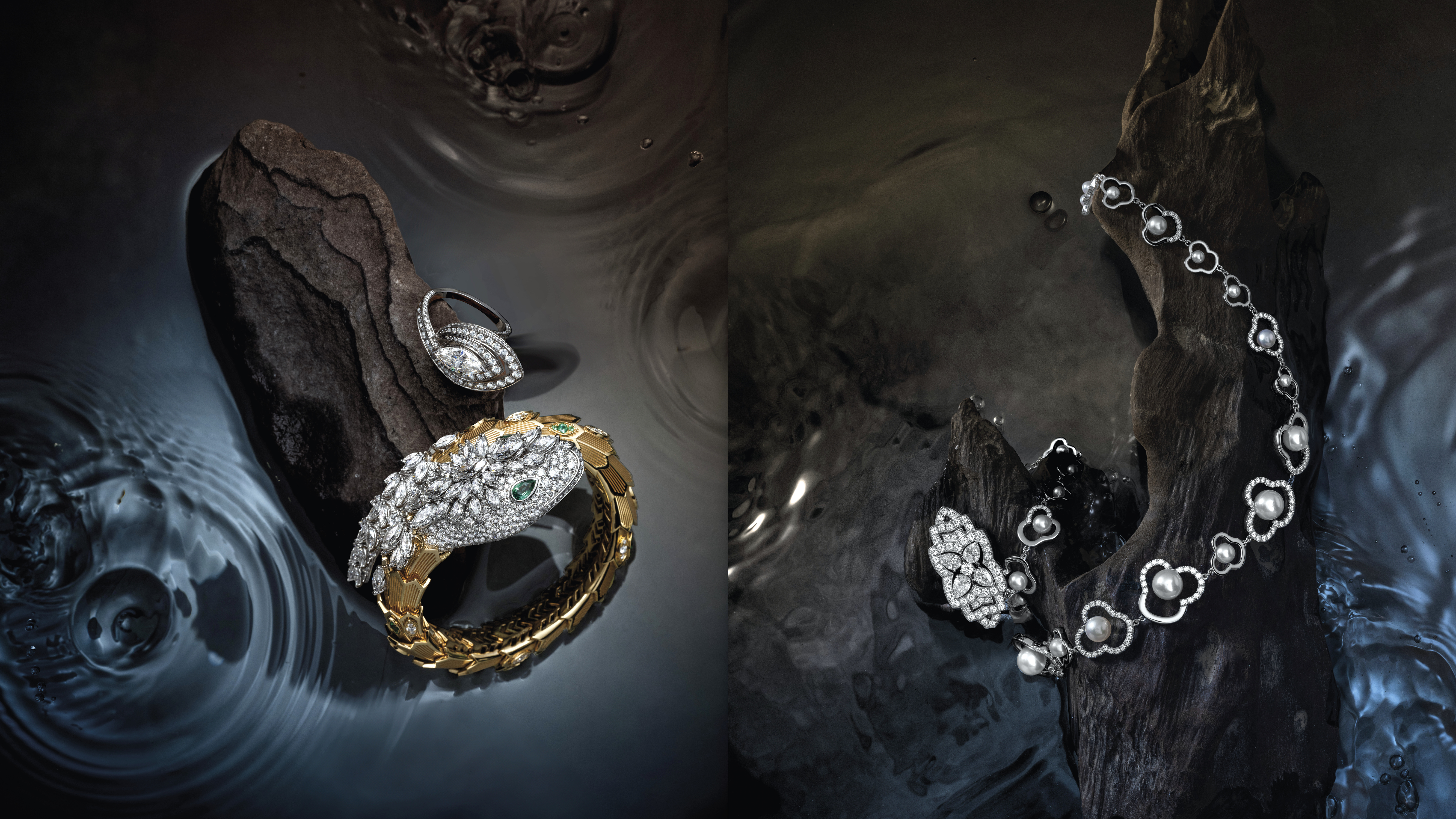 （左）De Beers Forces of Nature 高級珠寶系列 Magnetism 雞尾酒鑽石戒指；BVLGARI Serpenti 頂級珠寶鑽石祖母綠手環。（右）De Beers Enchanted Lotus 高級珠寶鑽石胸針；TASAKI chants 鑽石阿古屋珍珠項鍊。
