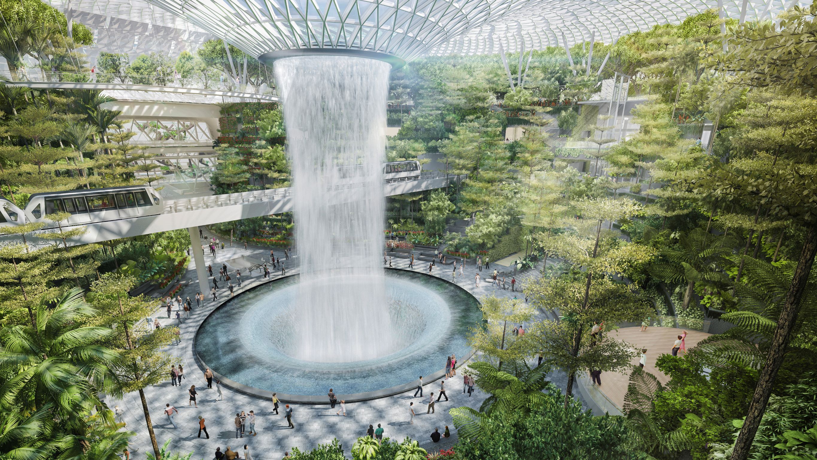 高達 40 公尺的圓柱形瀑布，是 Jewel Changi Airport 最引人注目的設計亮點。