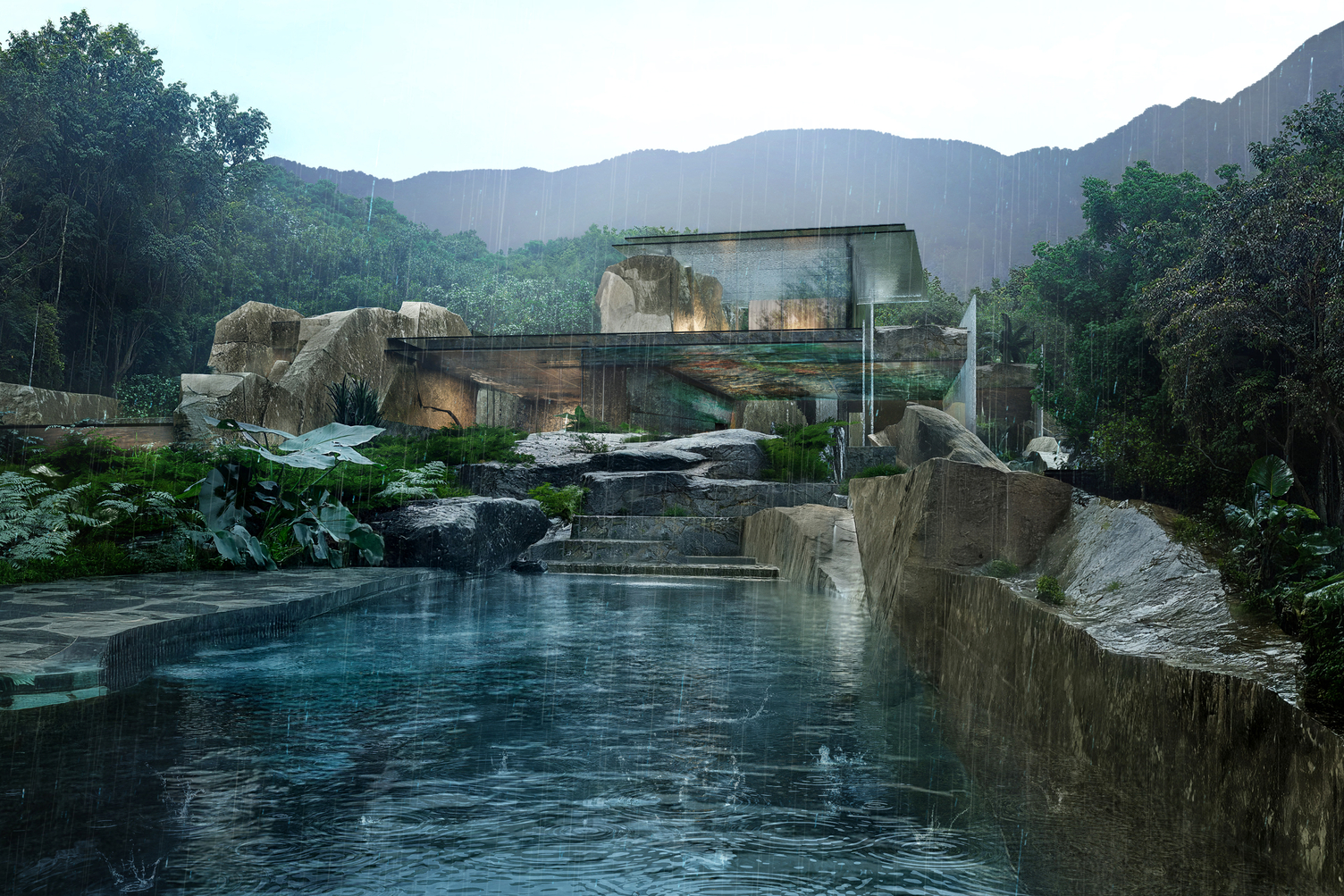 以岩石和玻璃為主要建材，讓建築後退成為自然的一部分。