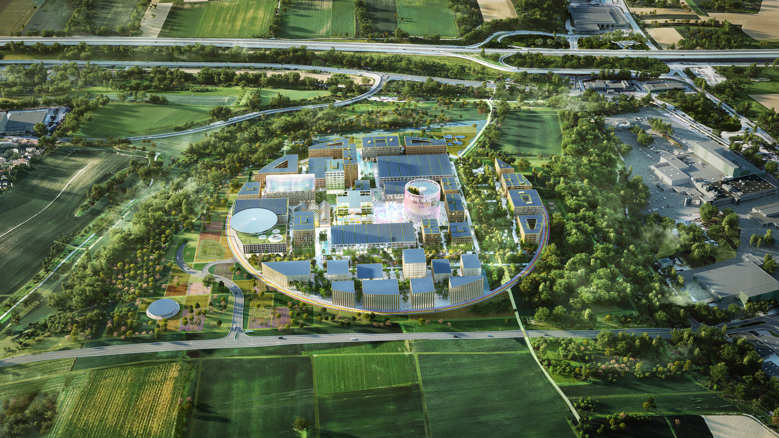 採圓形園區設計的 IPAI Campus，將在各建築屋頂上裝設太陽能電板，以汲取充足的潔淨能源。